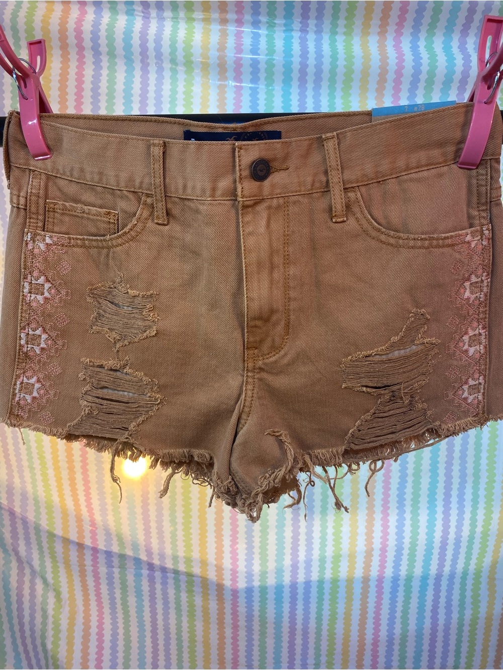 Hollister High Rise Distressed Embroidered Denim Shorts Brown W28 Size 7 - Picture 1 of 9